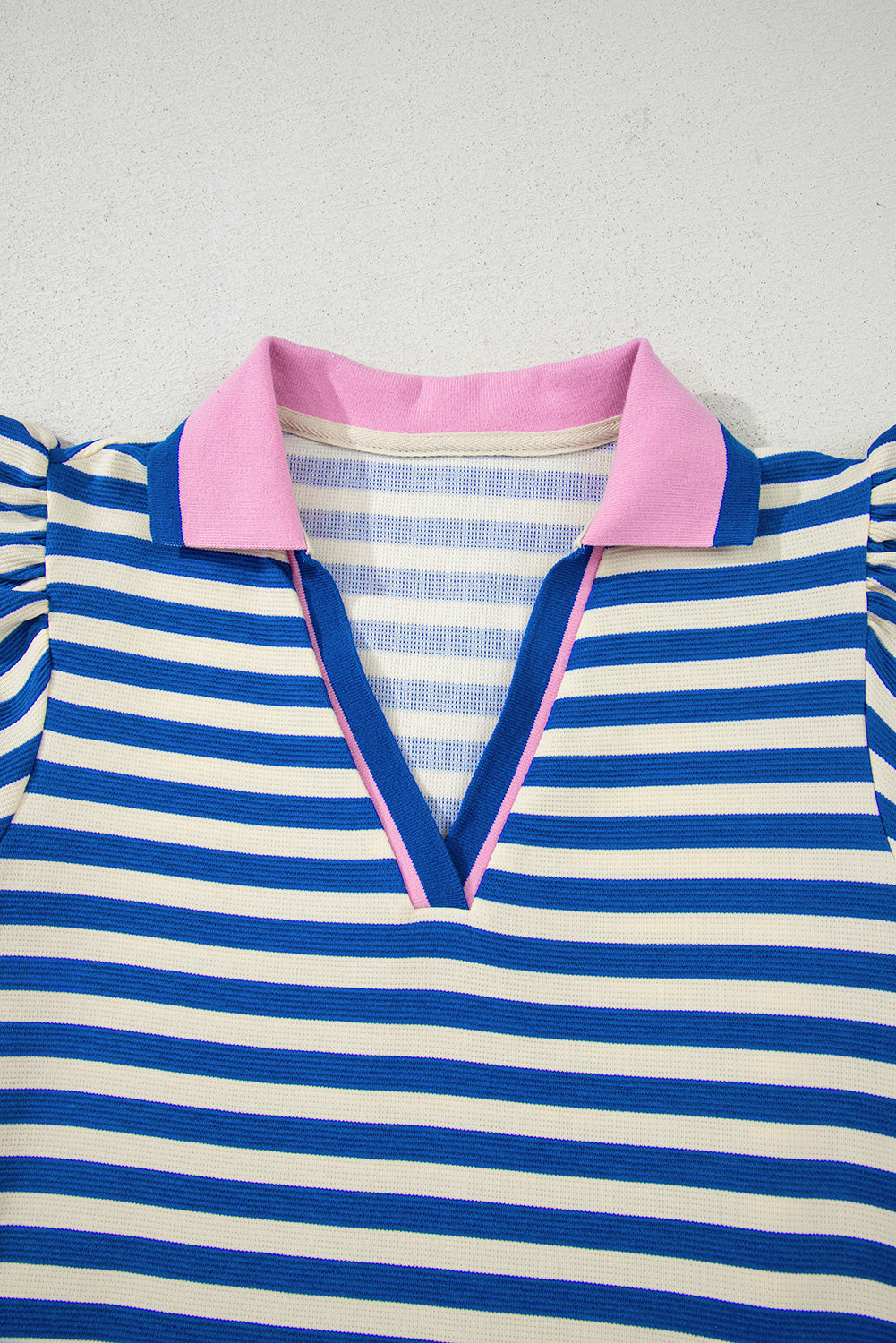 Sachet Pink Stripe Print Contrast Collar Split Neck Flutter Sleeve Short Dress