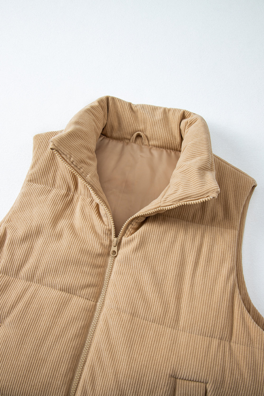 Beige Corduroy Stand Neck Zipped Puffer Vest