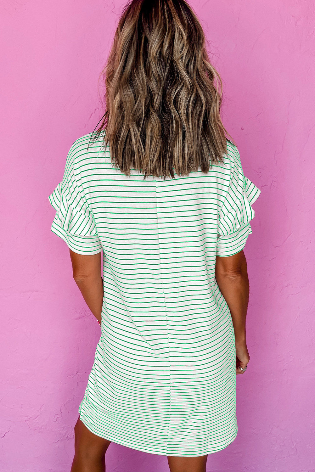 Black Stripe Ruffled Short Sleeve Crew Neck T Shirt Shift Mini Dress