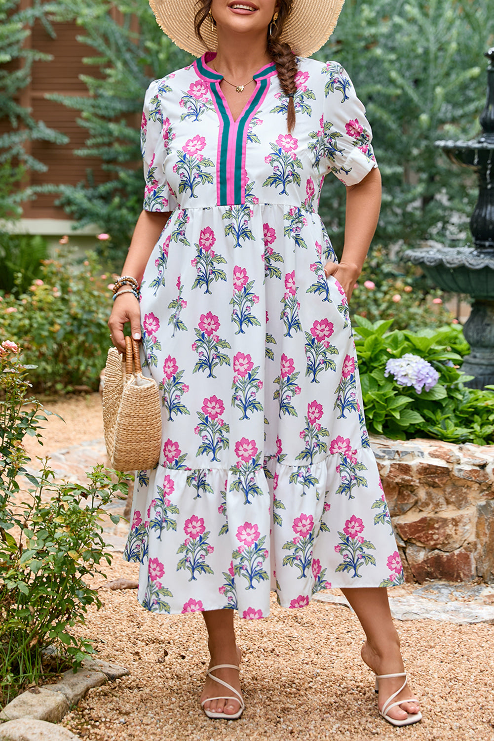 White Floral Puff Short Sleeve V Neck High Waist Maxi Dress