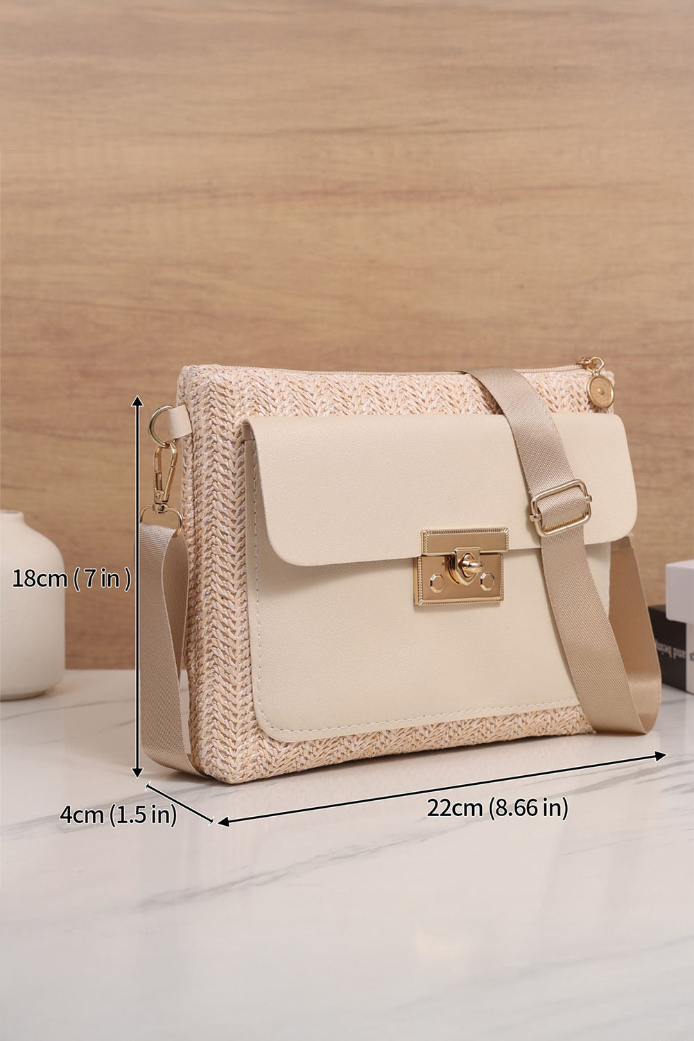 Thai Curry Leather Pocket Patchwork Straw Woven Shoulder Bag