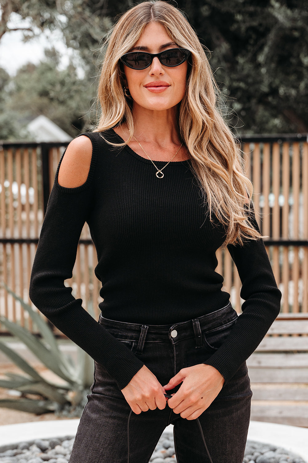Black Ribbed Knit Cold Shoulder Sweater