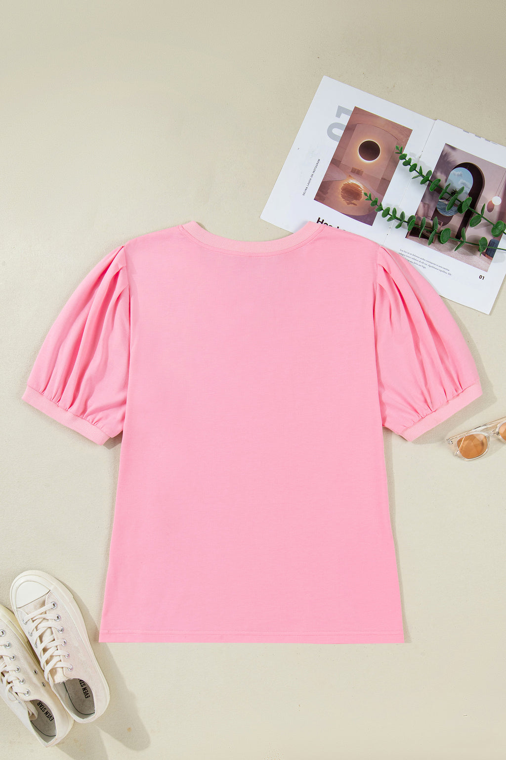 Bonbon Solid Color V Neck Short Puff Sleeve Blouse