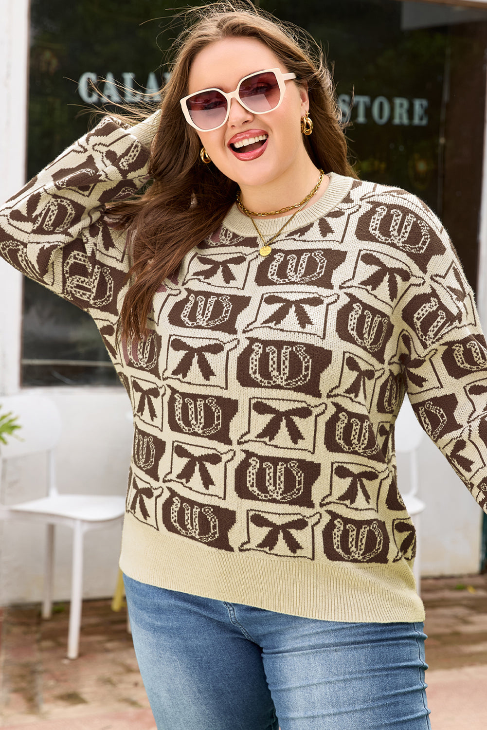 Brown Bows & Horseshoes Pattern Western Fashion Print Sweater
