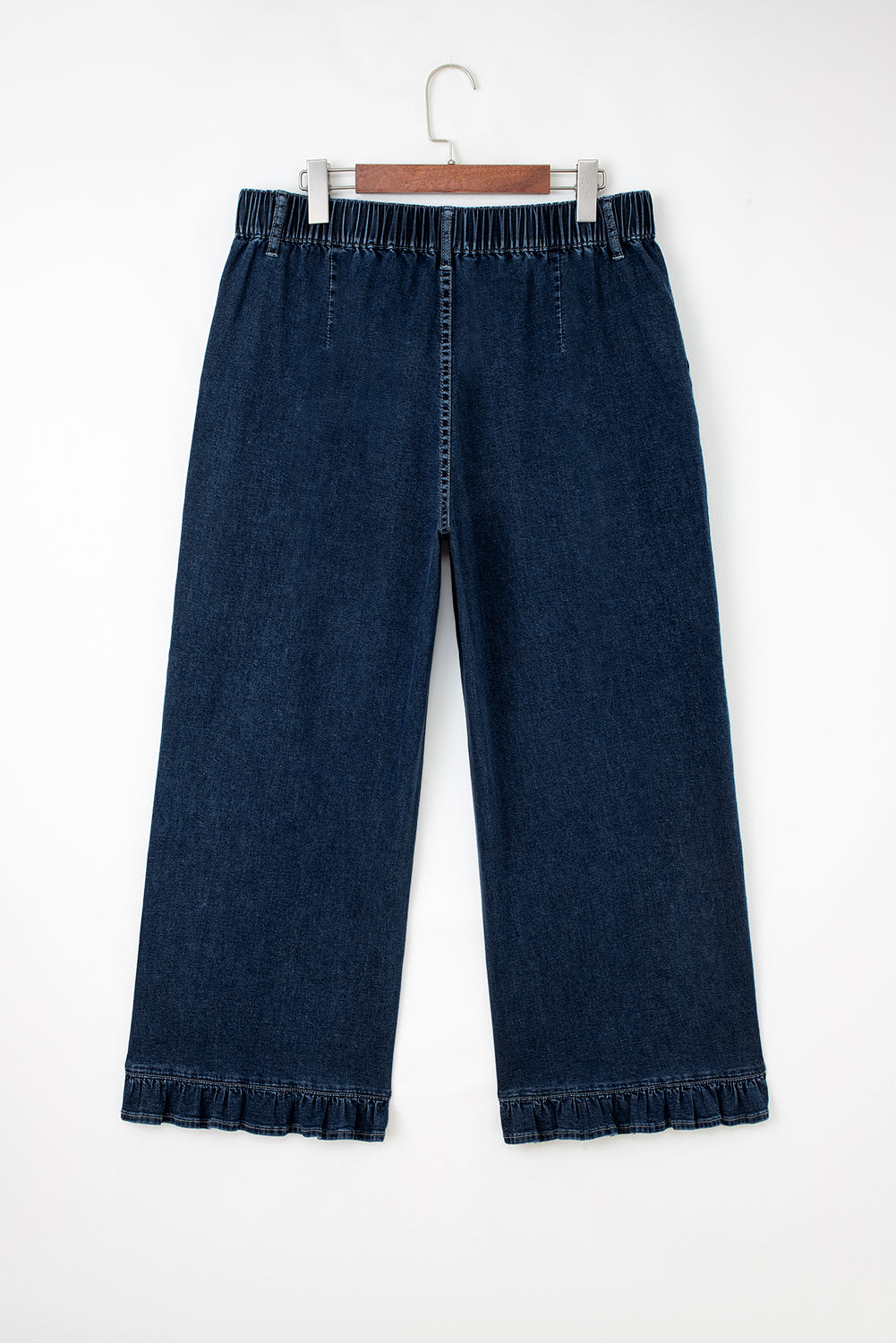 Black Plus Size Elastic Waist Ruffled Wide Leg Denim Pants