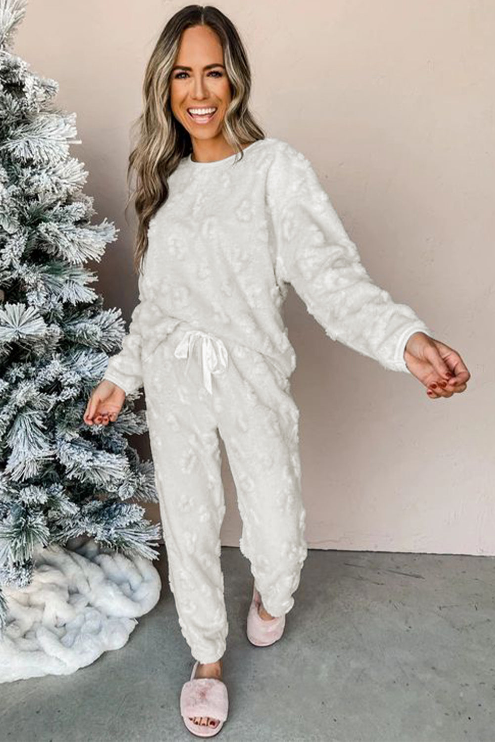 Light Grey Textured Leopard Fleece Loose Two Piece Lounge Set