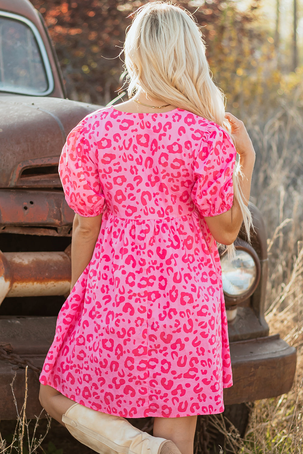 Bright Pink Solid Color Puff Sleeve Tie Front High Waist Mini Dress