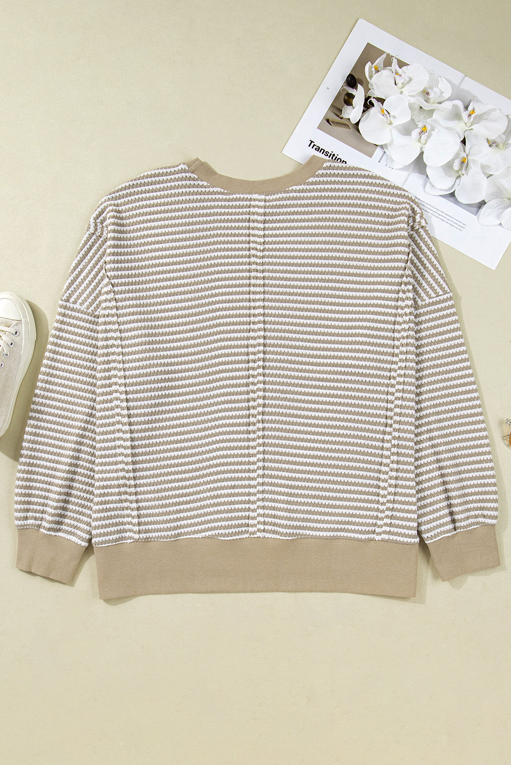 Red Stripe Ribbed Trim Drop Shoulder Long Sleeve Oversize Top