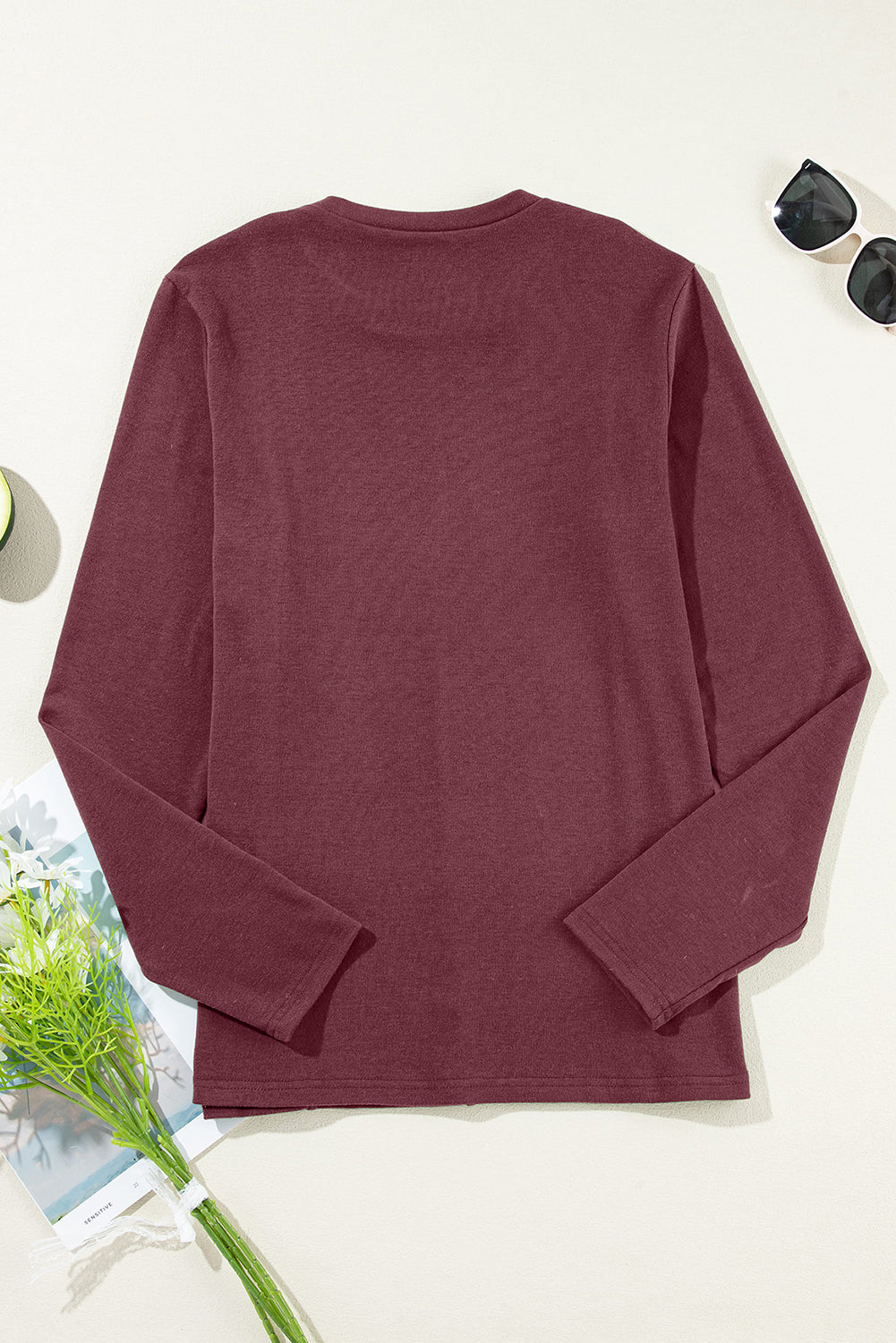 Chicory Coffee Solid Exposed Seam Crew Neck Long Sleeve Top