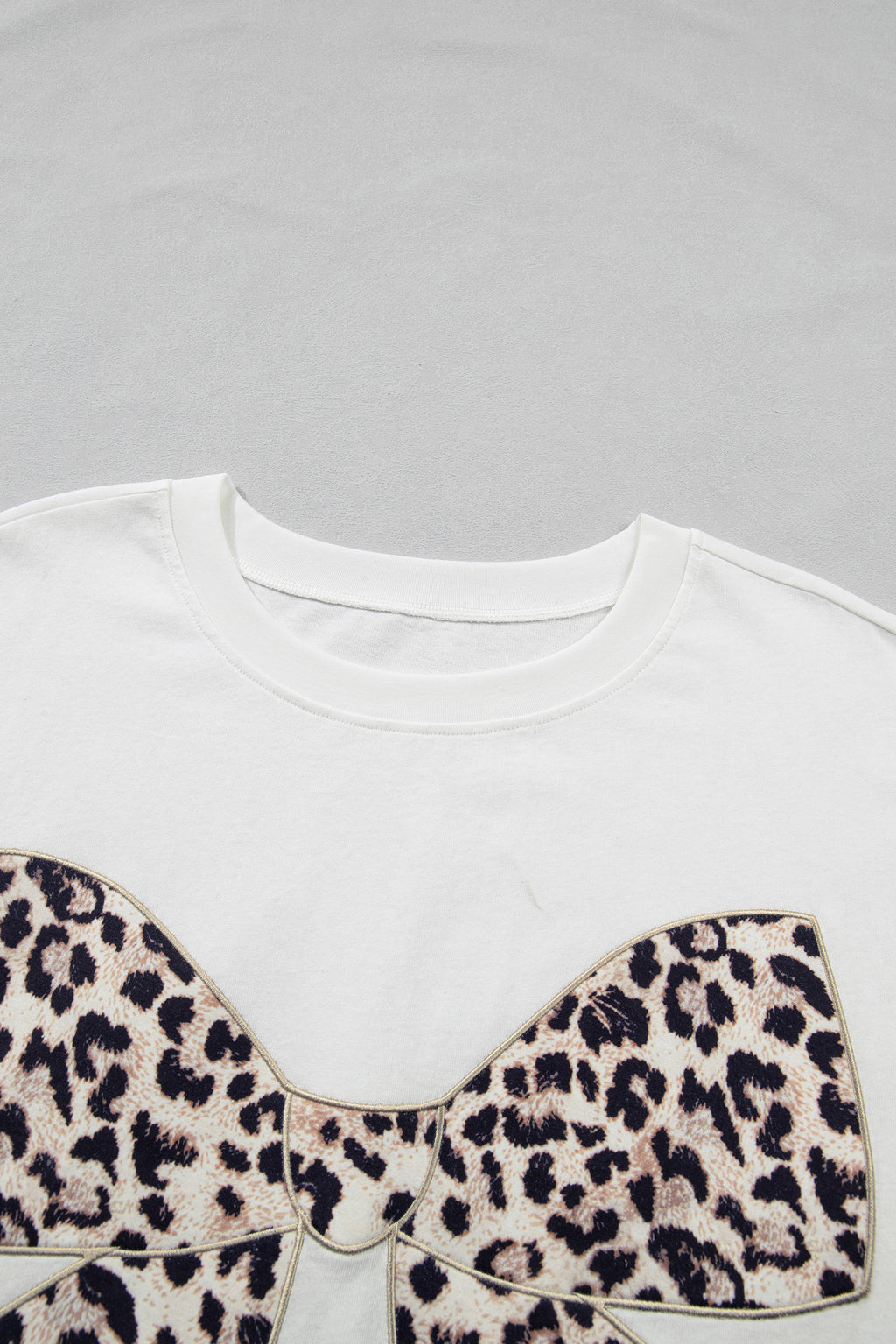 Pink Leopard Bow Embroidered Cotton Round Neck T Shirt