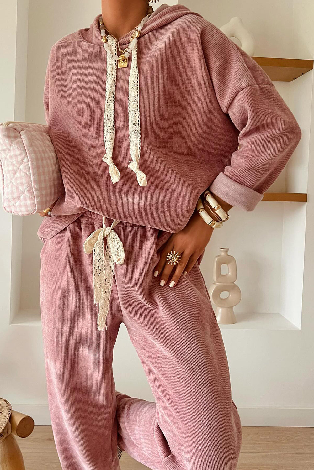 Gray Morn Corduroy Leopard Drawstring High Waist Trousers