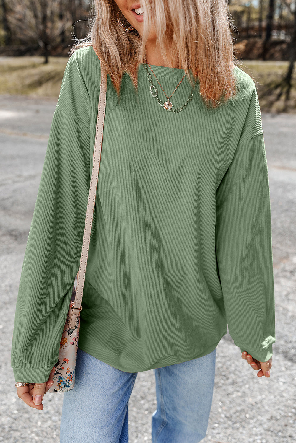 Grass Green Ribbed Corded Oversized Sweatshirt