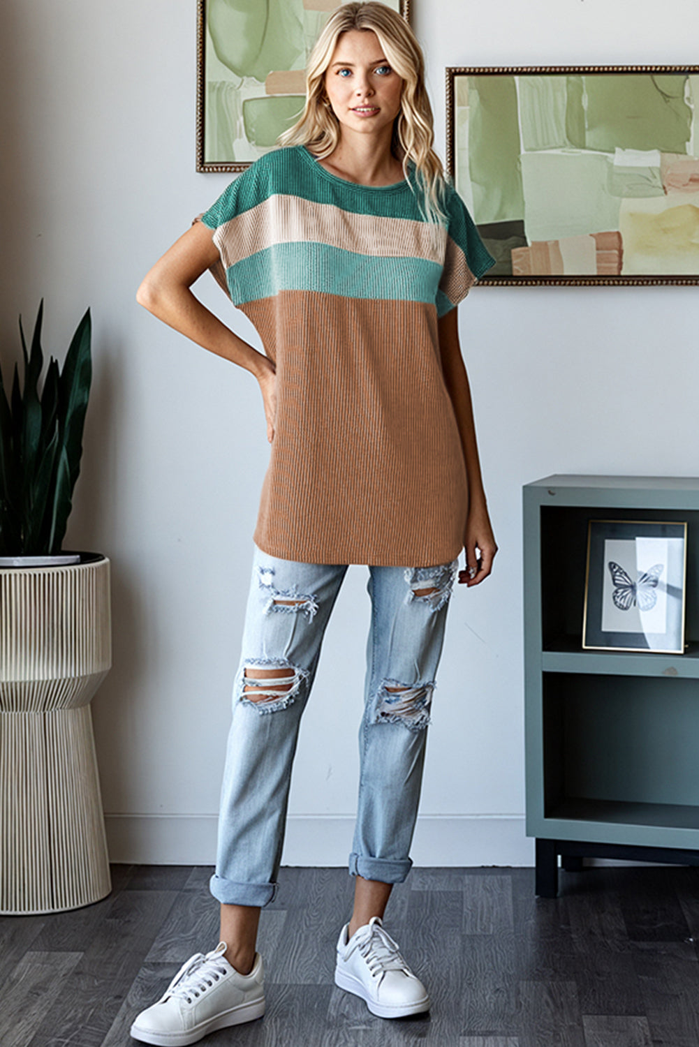 Chestnut Color Block Detail Twisted Rib Loose Tee