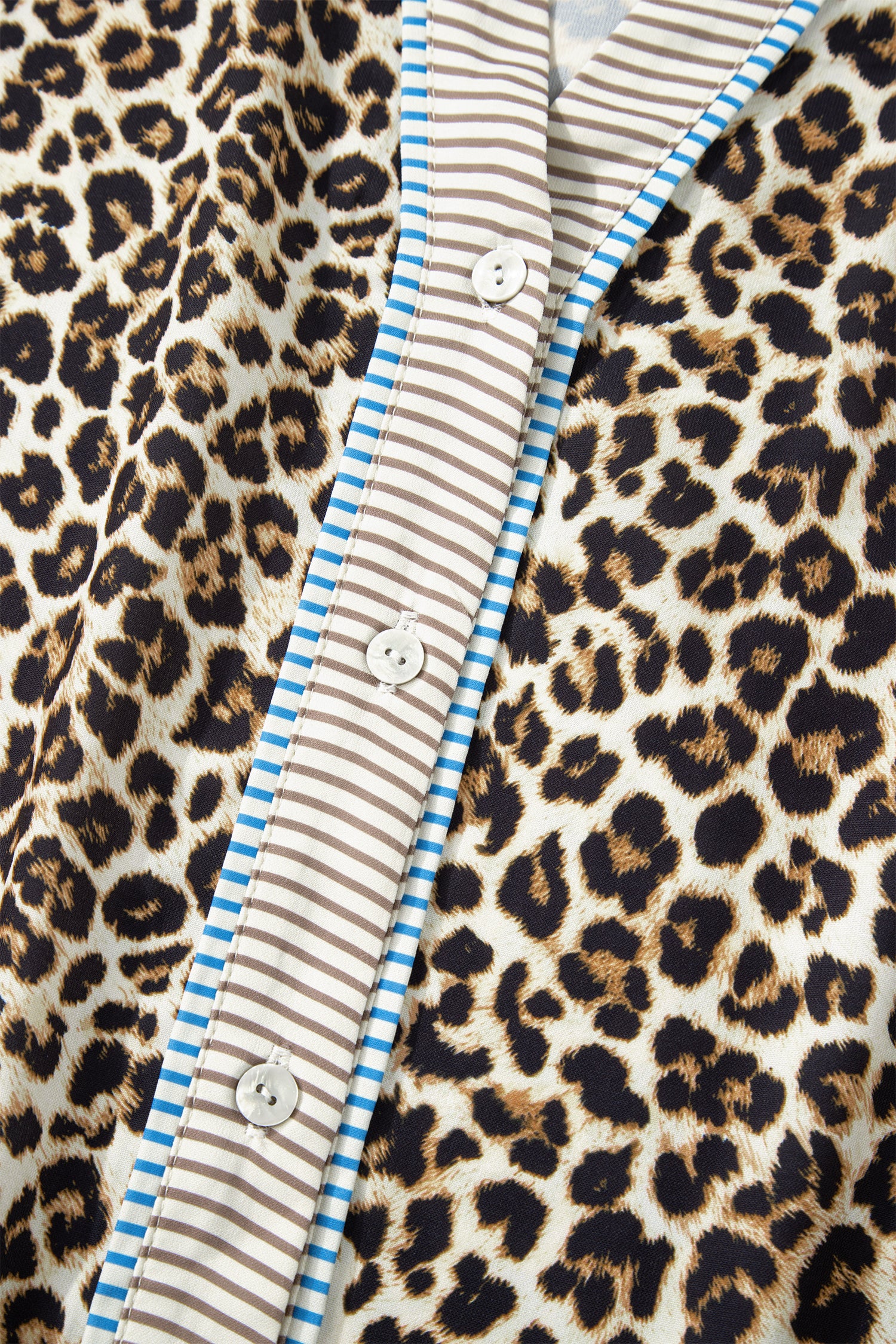 Brown Leopard Print Striped Patchwork 3/4 Sleeve Loose Mini Dress