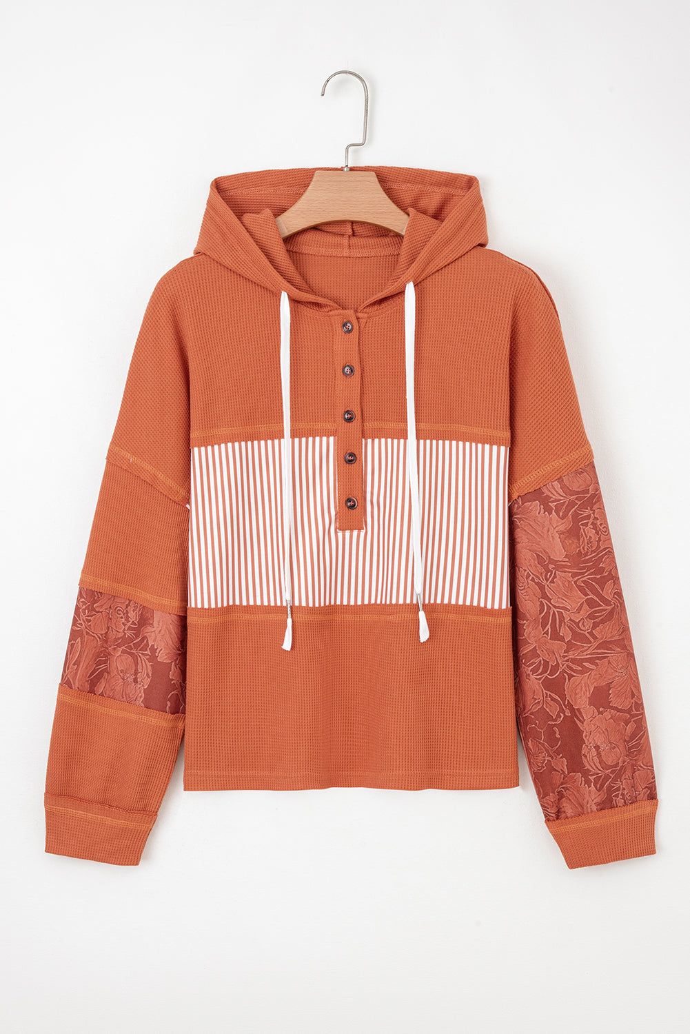 Gray Waffle Printed Patchwork Drawstring Hooded Long Sleeve Top