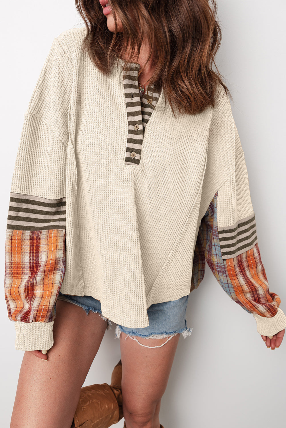 Parchment Plus Size Waffle Colorblock Striped Plaid Patchwork Half Button Pullover
