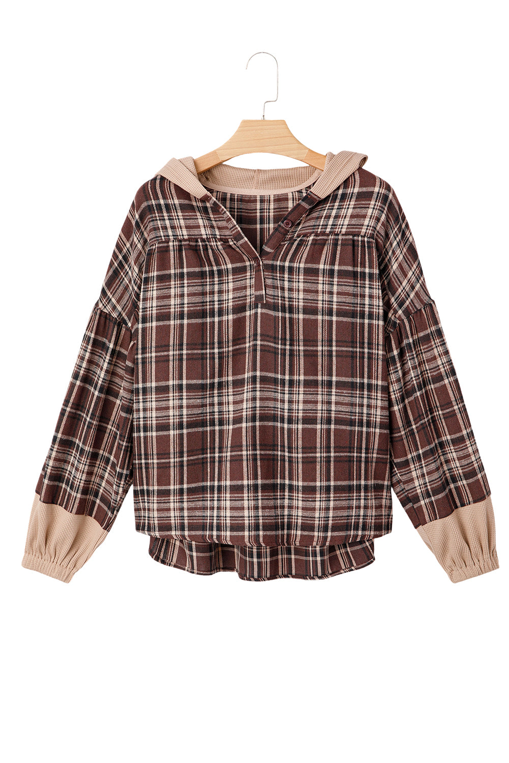 Gray Plaid Patchwork Long Sleeve Button Hooded Blouse