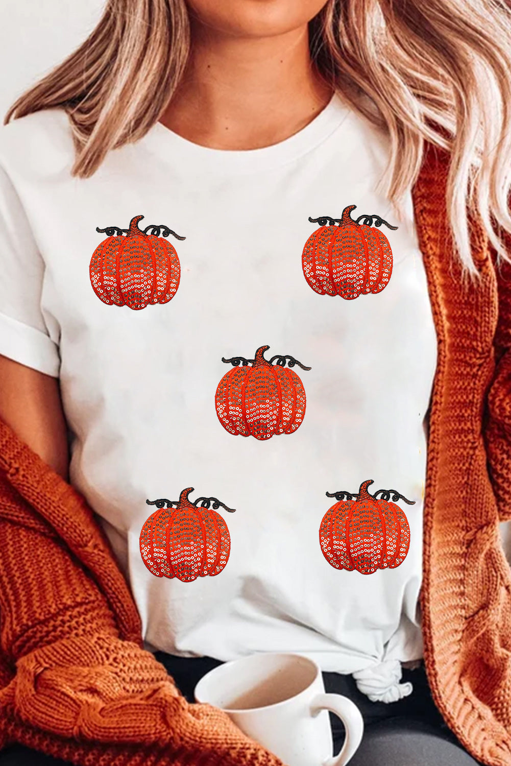 White Colorful Pumpkin Sequin Patched Drop Shoulder Sweatshirt
