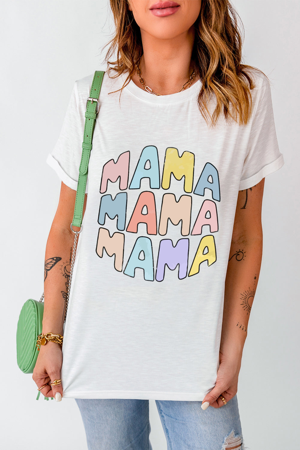 White MAMA Floral Block Graphic Casual T Shirt