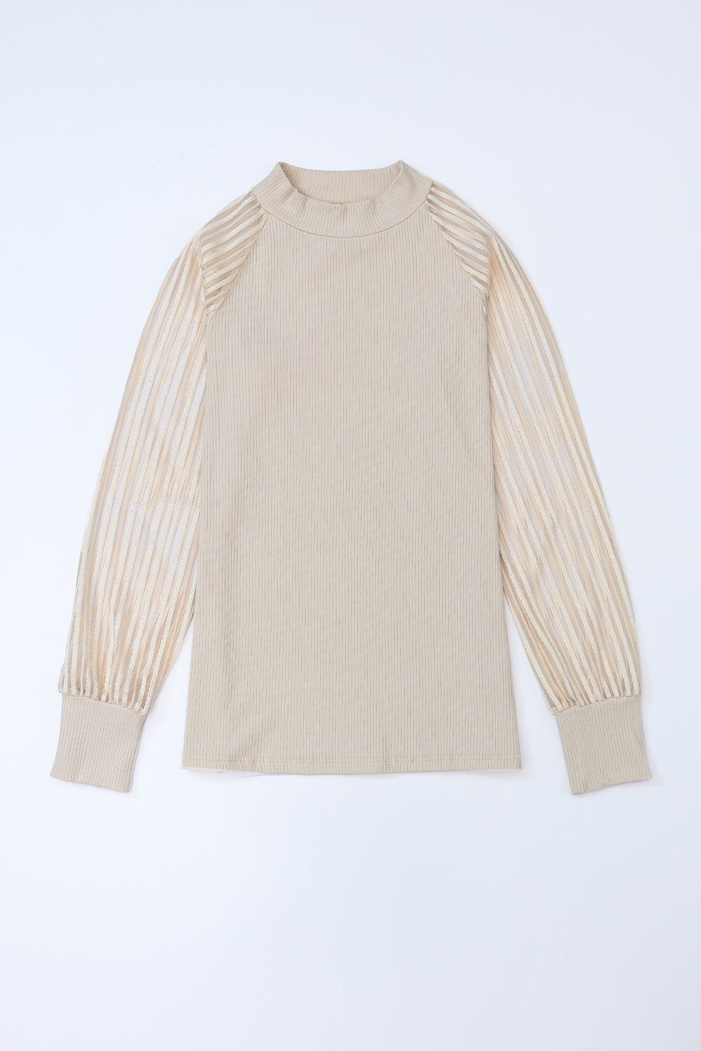 Gray Striped Mesh Long Sleeve Crewneck Ribbed Top