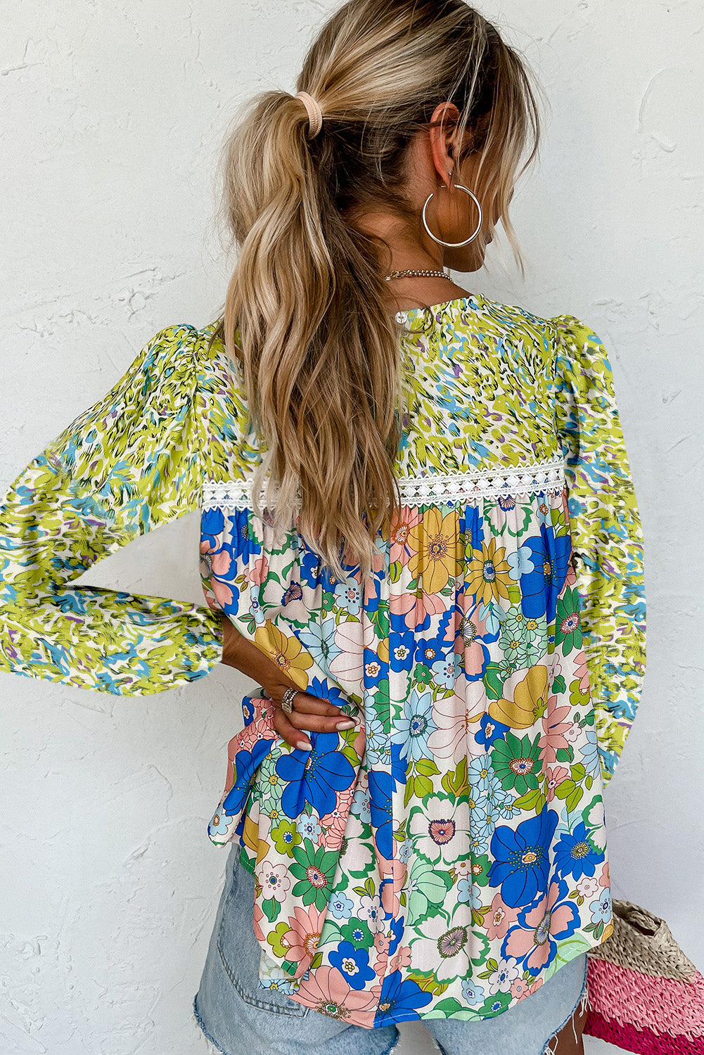Rose Red Bubble Sleeve Lace Trim Floral Mixed Print Blouse