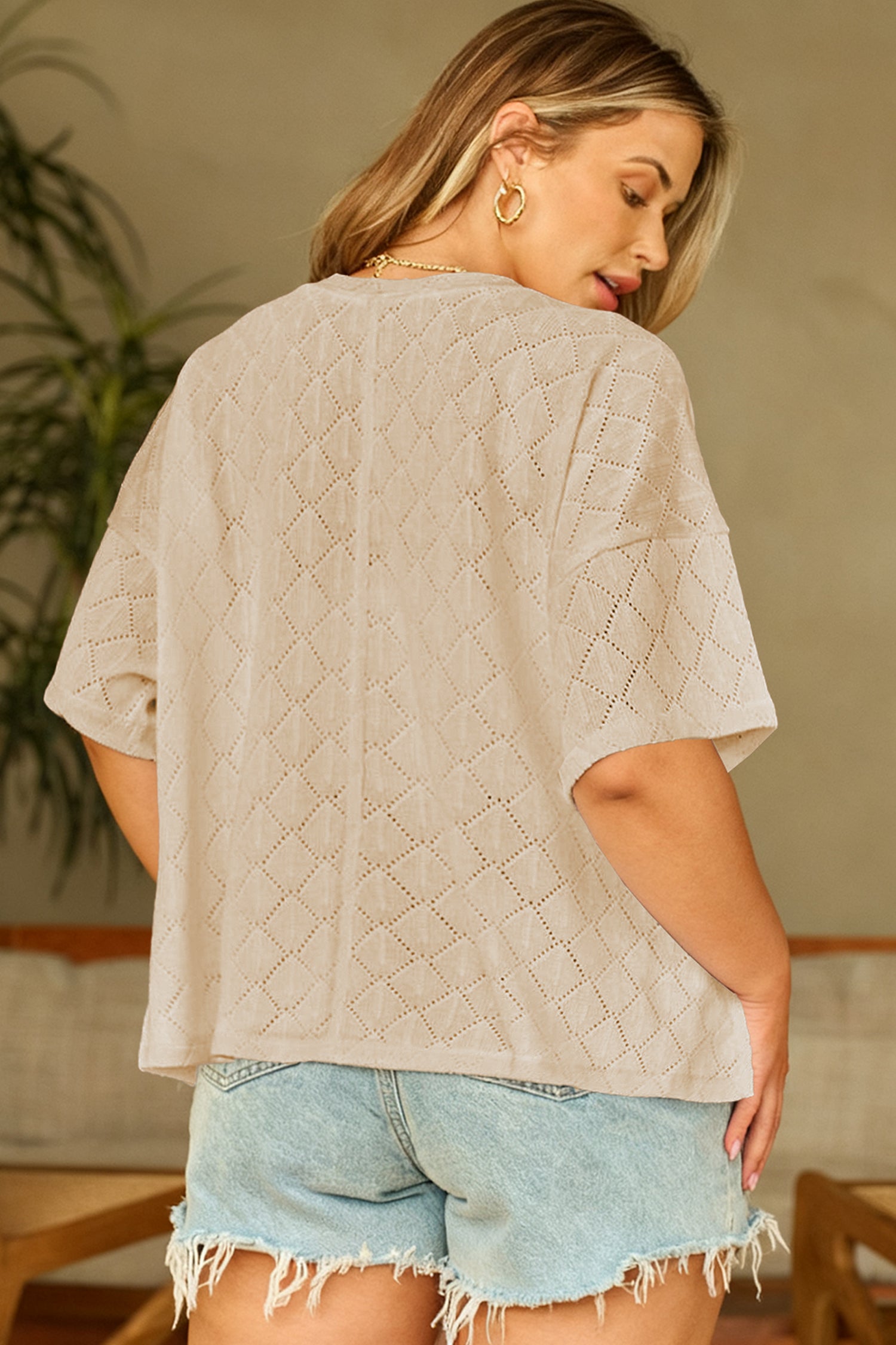 White Pointelle Rhombus Knit Plus Size V Neck Loose Top