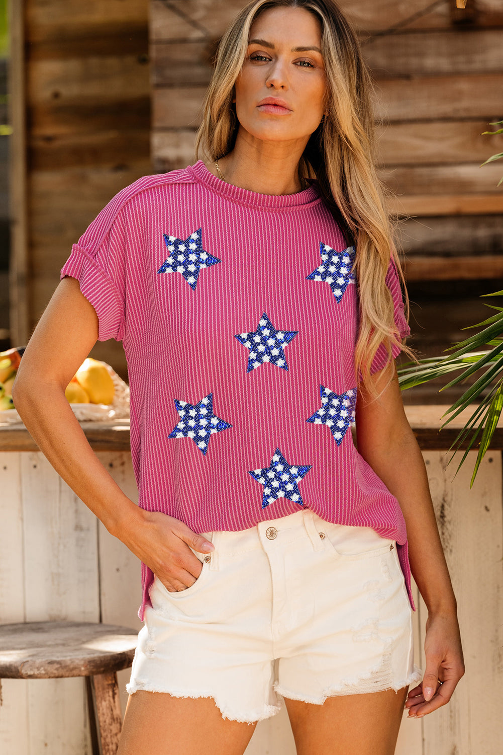 Rose Red Sequin Star Graphic Corded Side Split Patriotic T Shirt