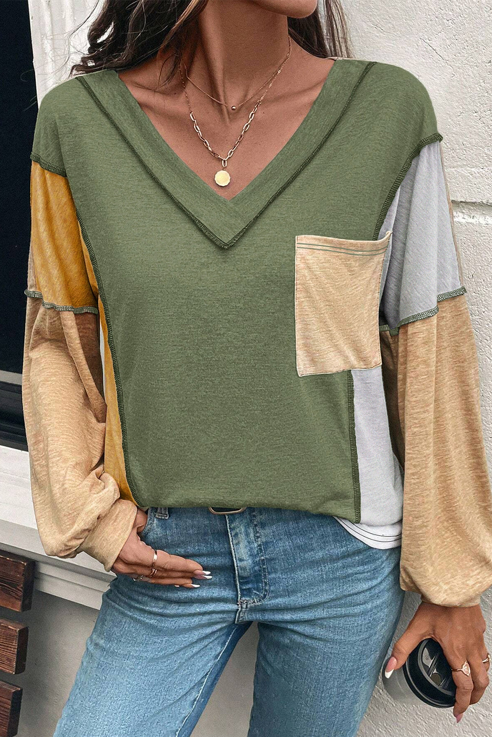 Sail Blue Exposed Stitching Colorblock V Neck Long Sleeve Top
