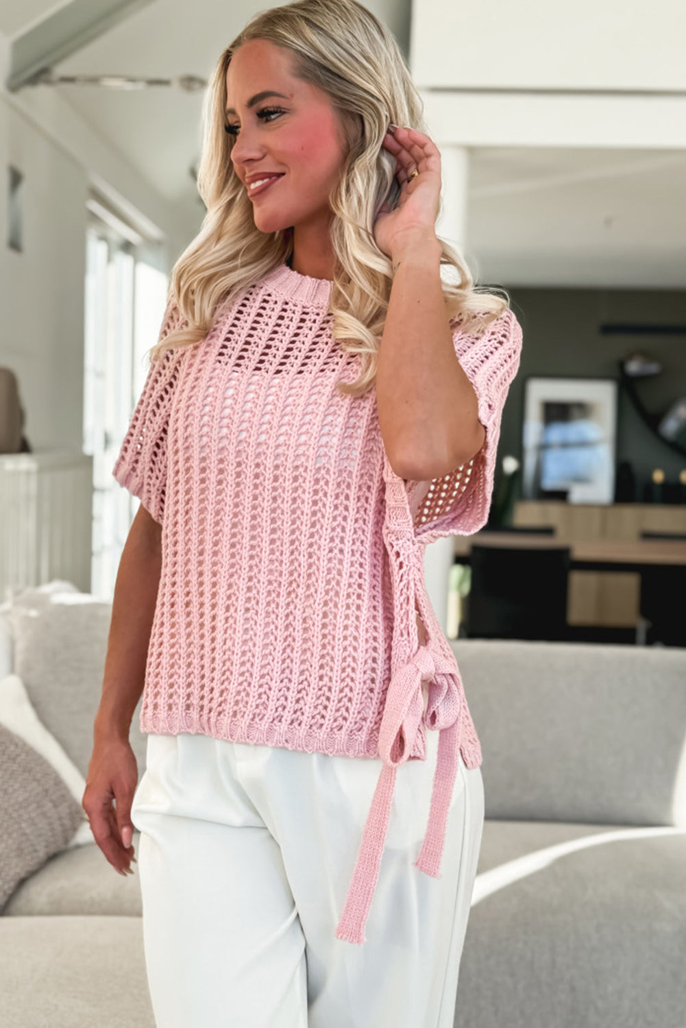 Yellow Cream Hollow-out Crochet Side Tied Short Sleeve Sweater