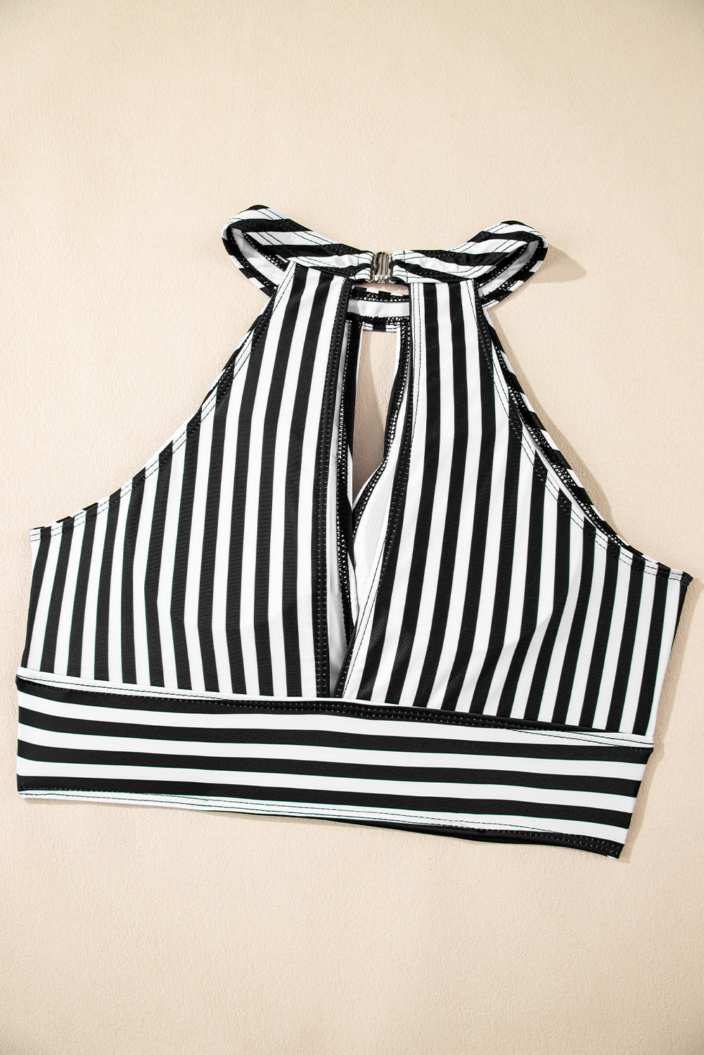 Black Striped Halter Top Drawstring Ruched High Waisted Bikini