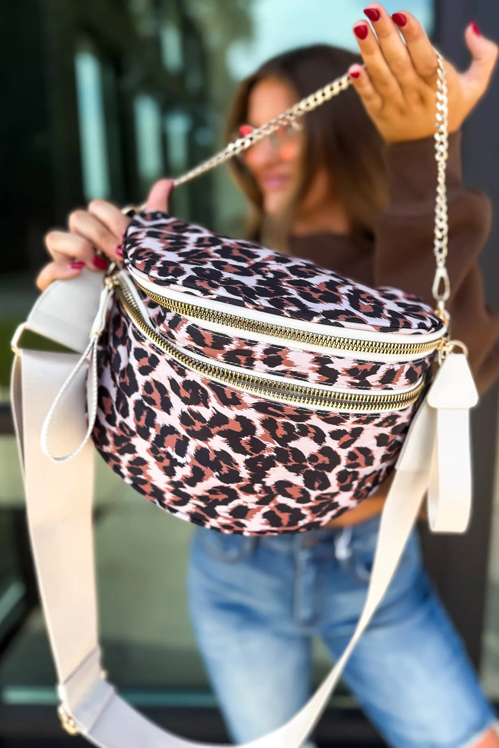 Color black Floral Printed Double Zip PU Leather Crossbody Bag