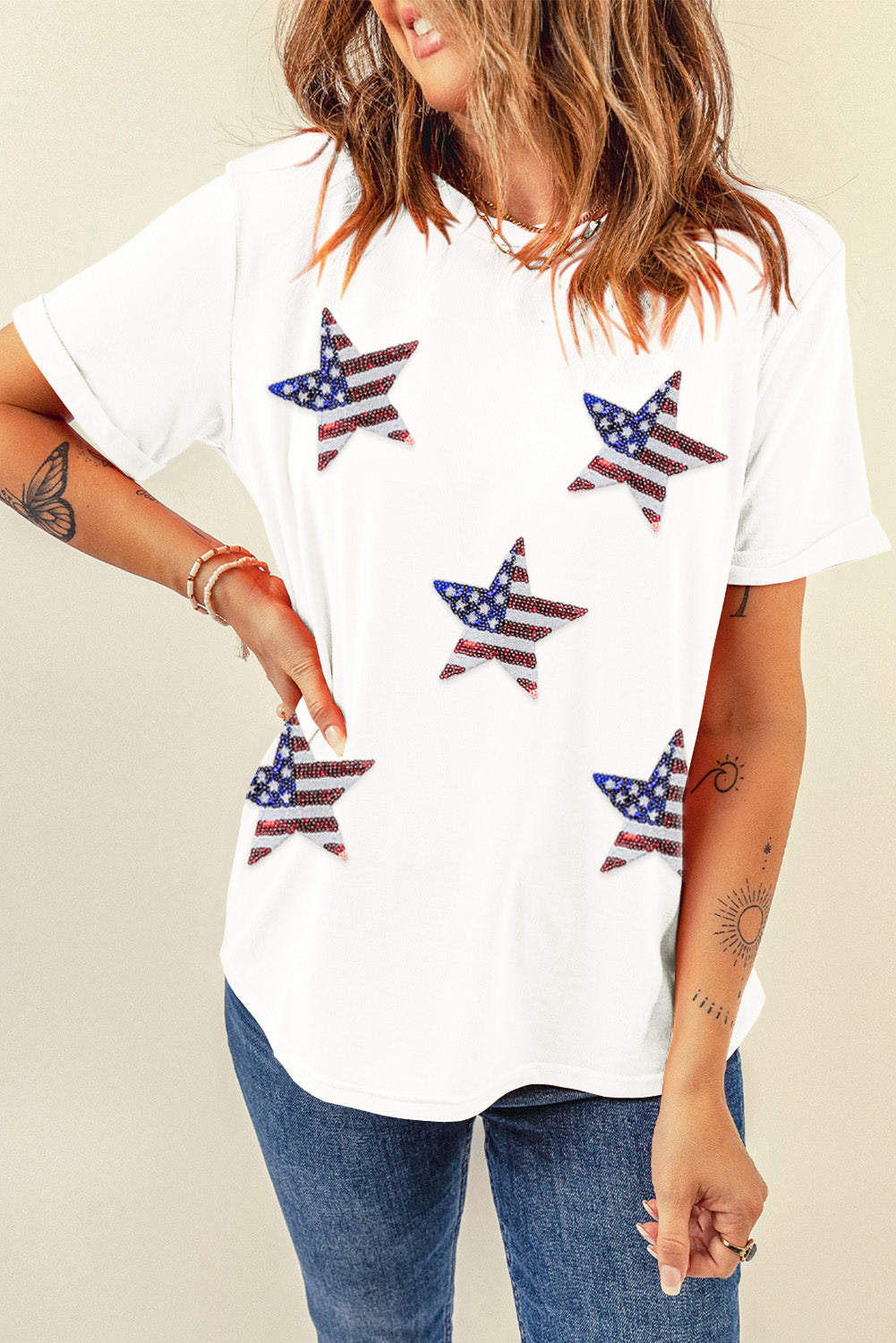 White Sequin American Flag Can Oversized Graphic Tee