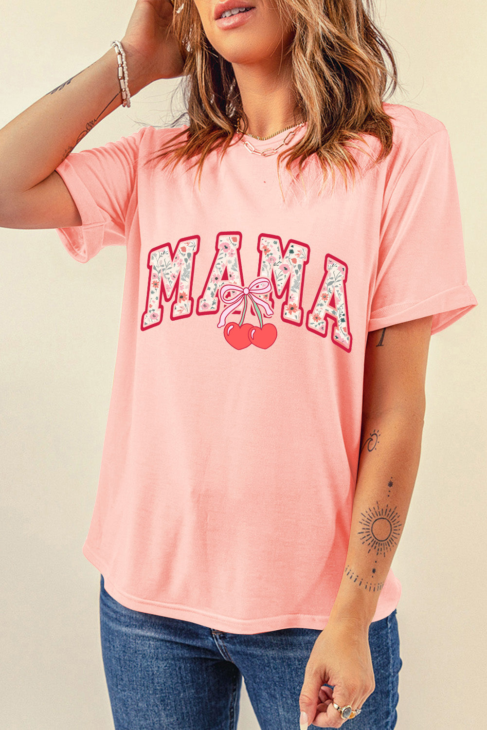 Pink Floral MAMA Cherry Graphic Crewneck T Shirt
