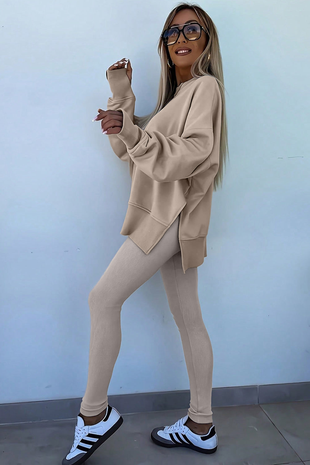 Black Solid Color Oversize Slit Sweatshirt Ribbed Leggings 2pcs Set