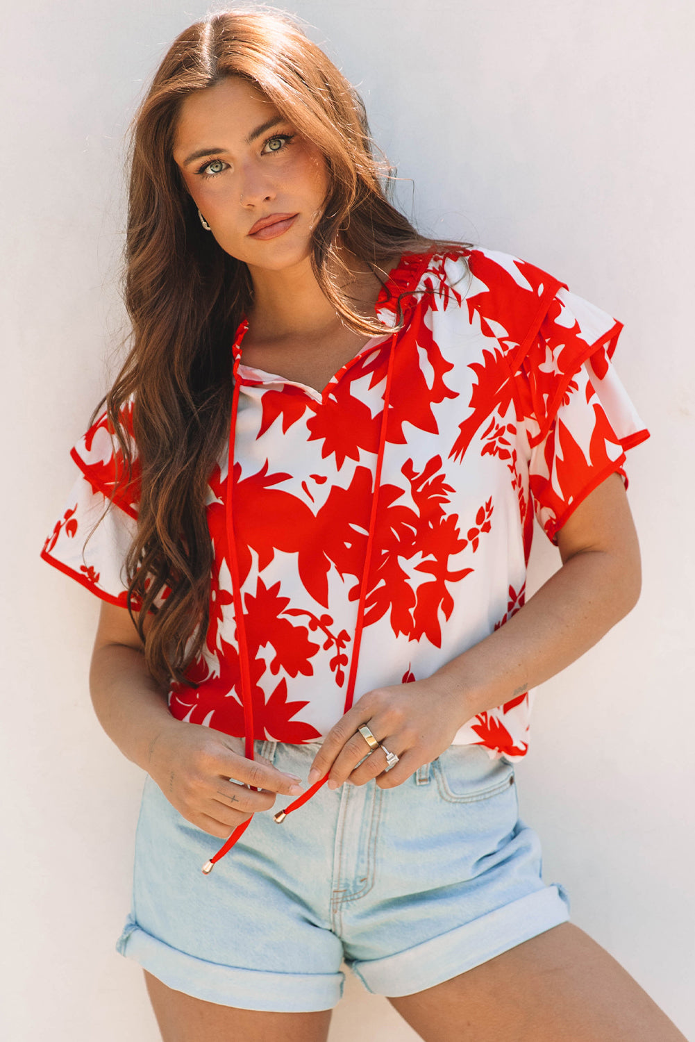 Red Floral Print Trimmed V Neck Ruffle Sleeve Long Dress