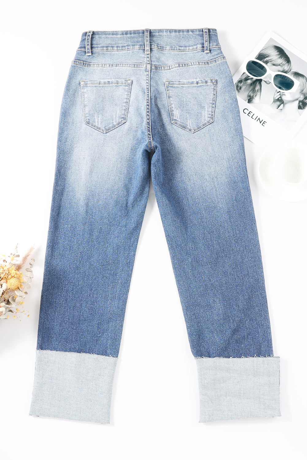 High Waist Distressed Straight Leg Jeans