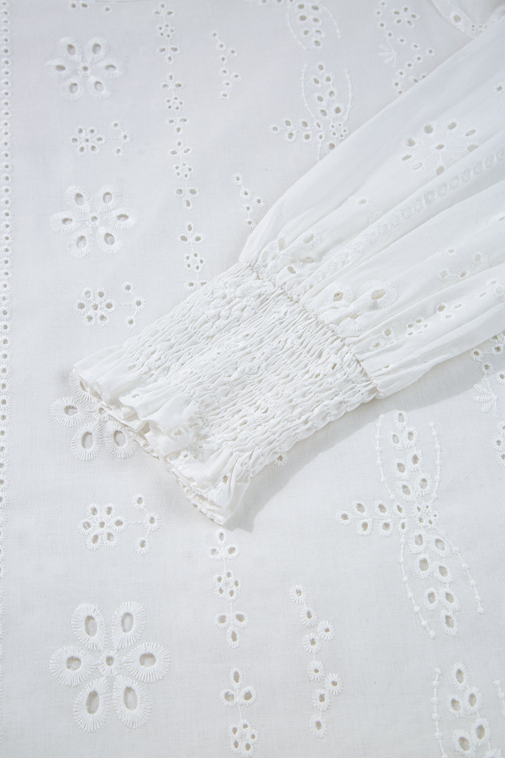 White Eyelet Embroidered Smocked Cuff Sheer Blouse