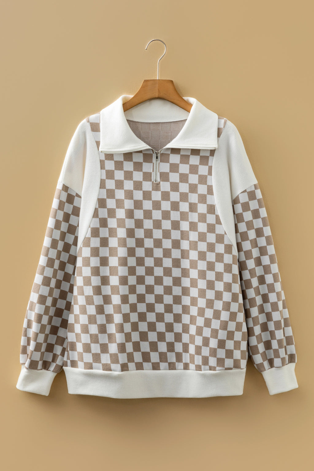 Khaki Checkered Print Quarter Zip Ribbed Patchwork Loose Sweatshirt
