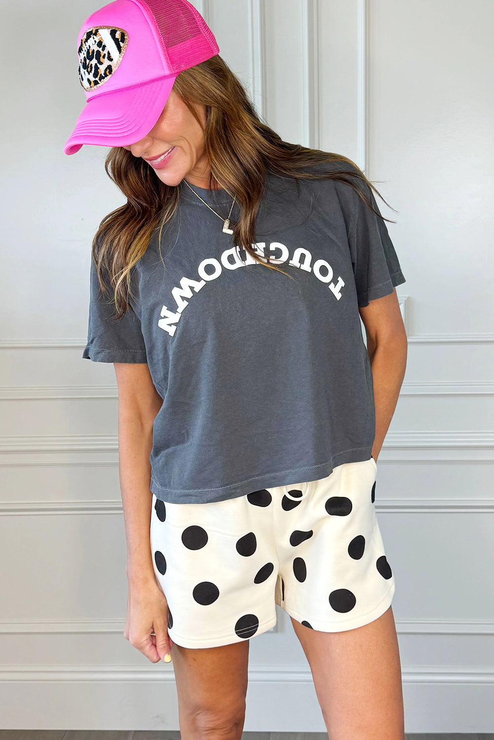 Beige Polka Dot Print Drop Shoulder Pullover Drawstring Jogger Pant Set