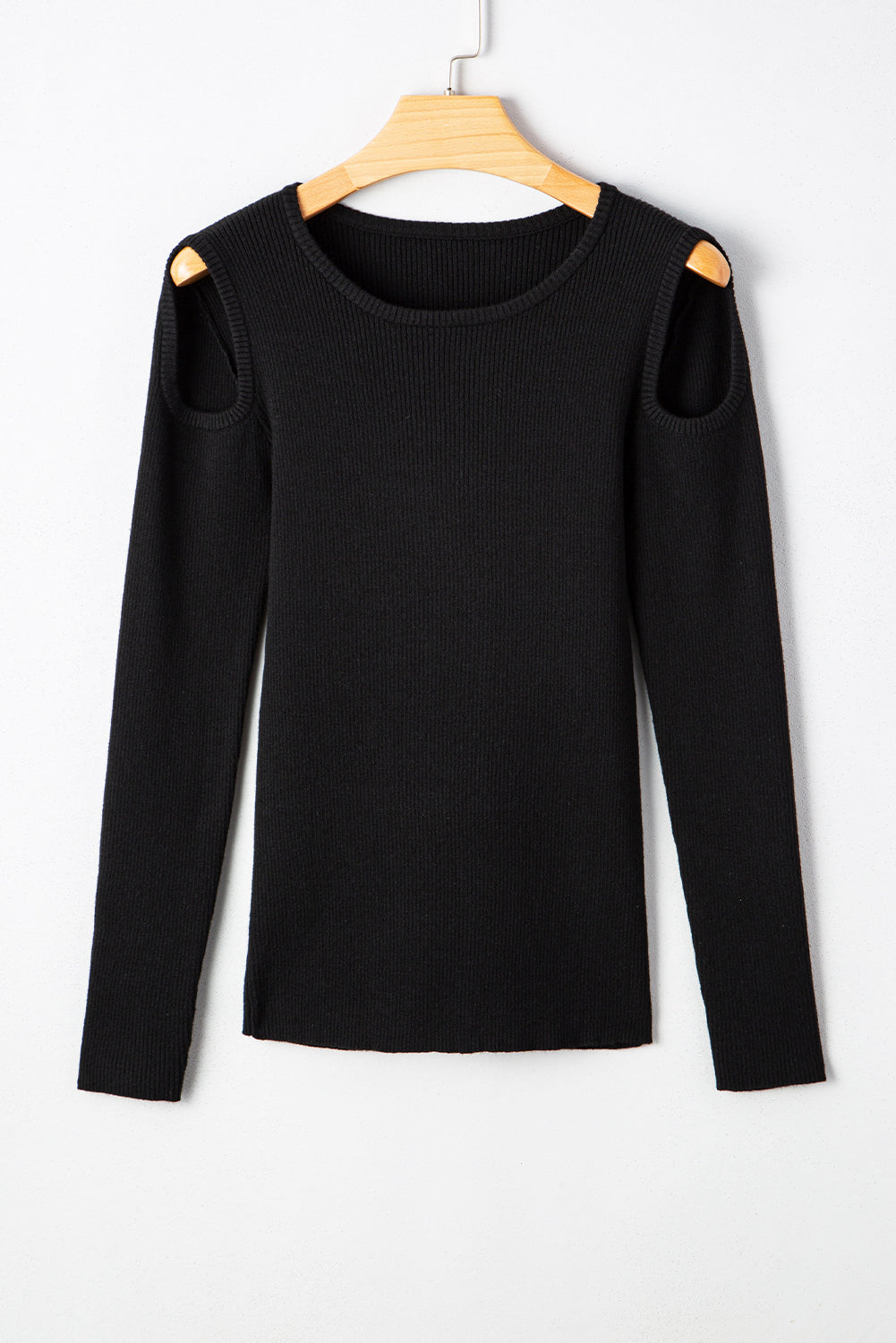 Black Ribbed Knit Cold Shoulder Sweater