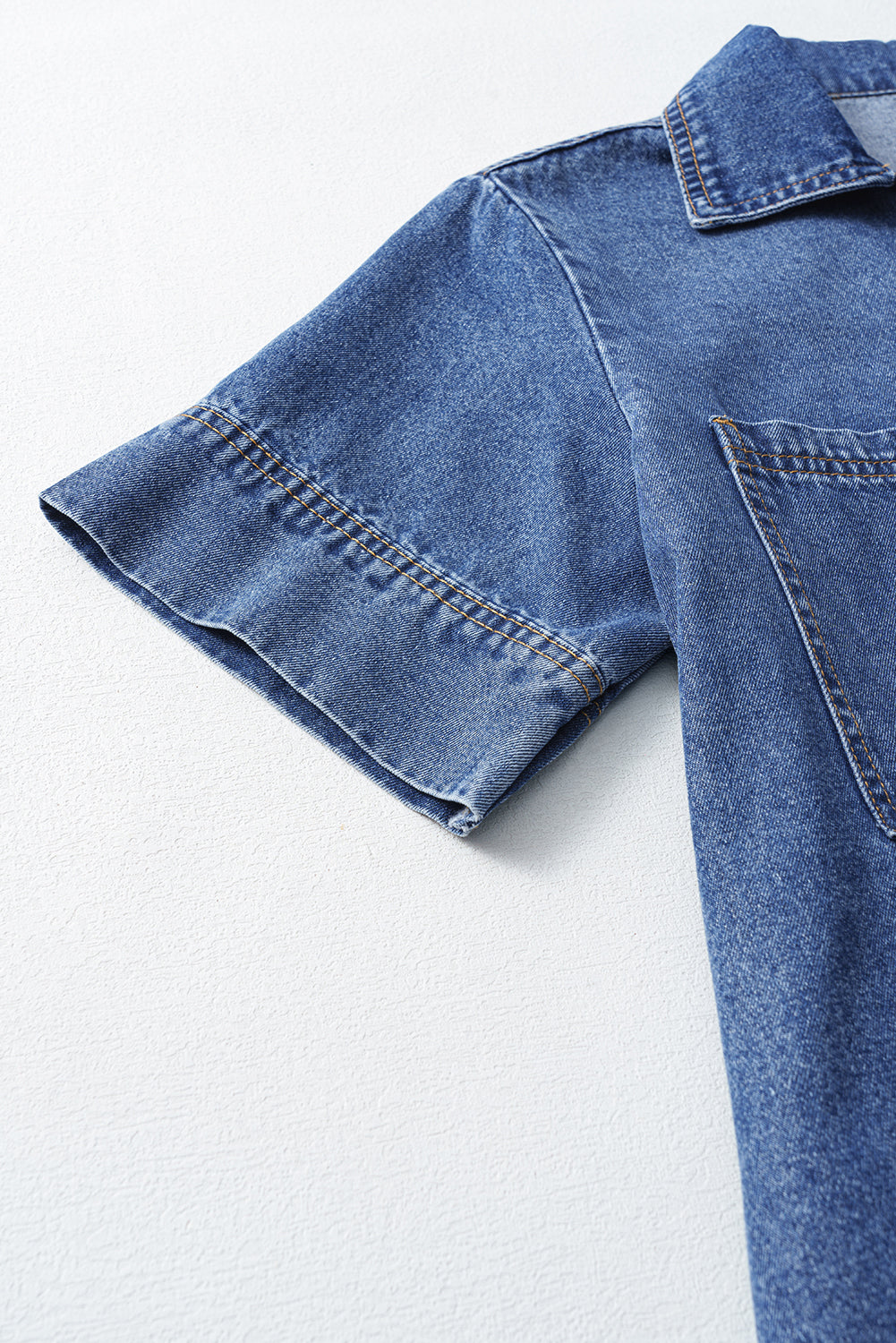 Beau Blue Short Sleeve Collared Patched Pocket Denim Mini Dress