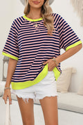 Pink Stripe Contrast Ribbed Patchwork Oversize T Shirt