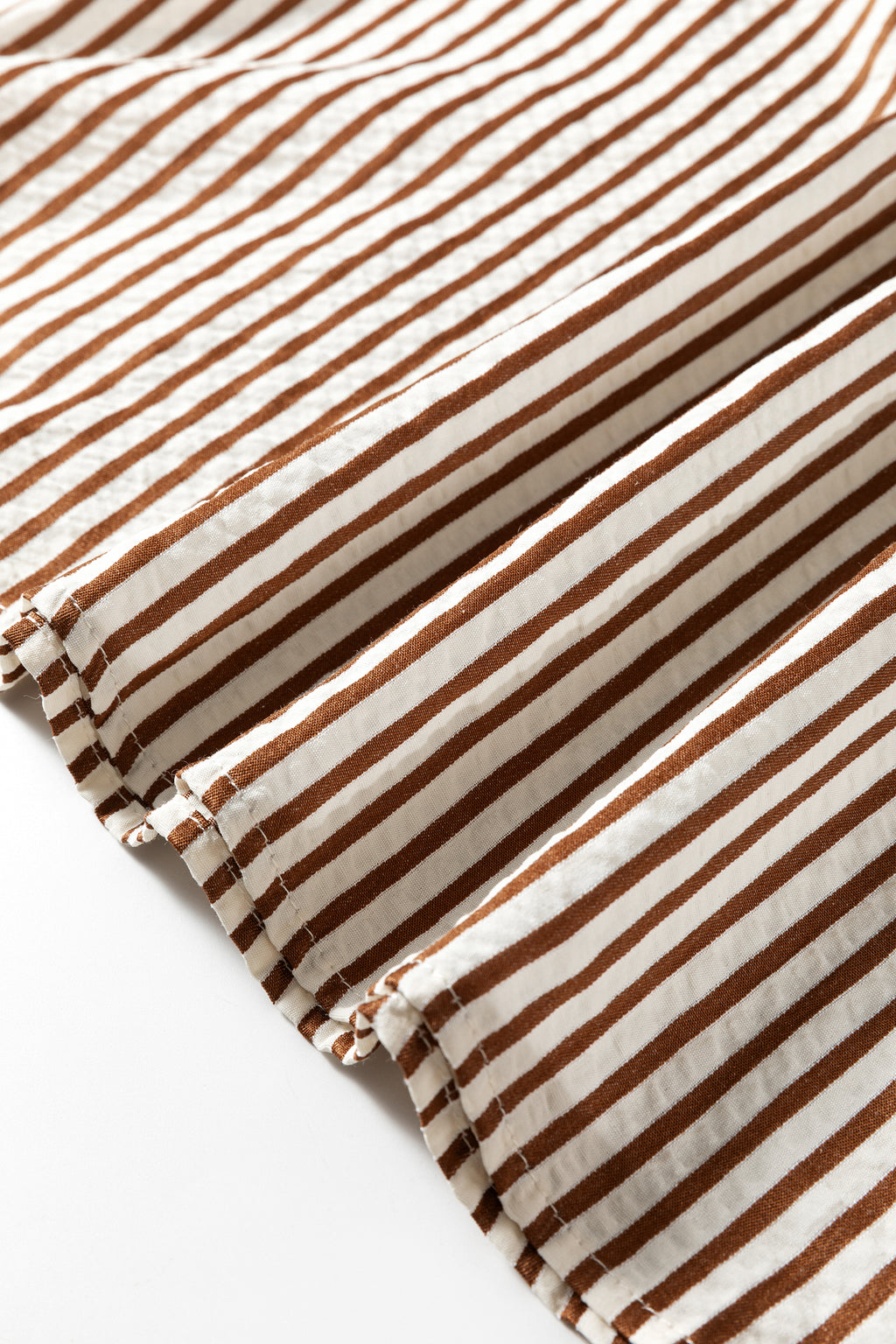 Brown Stripe Double Ruffled Short Sleeve Contrast Trim V Neck Midi Dress
