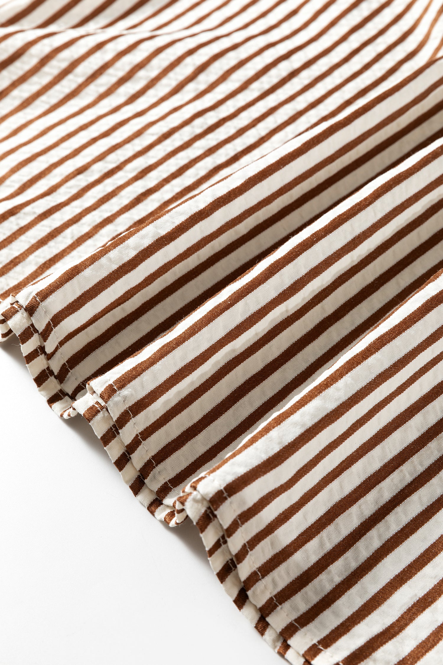 Brown Stripe Double Ruffled Short Sleeve Contrast Trim V Neck Midi Dress