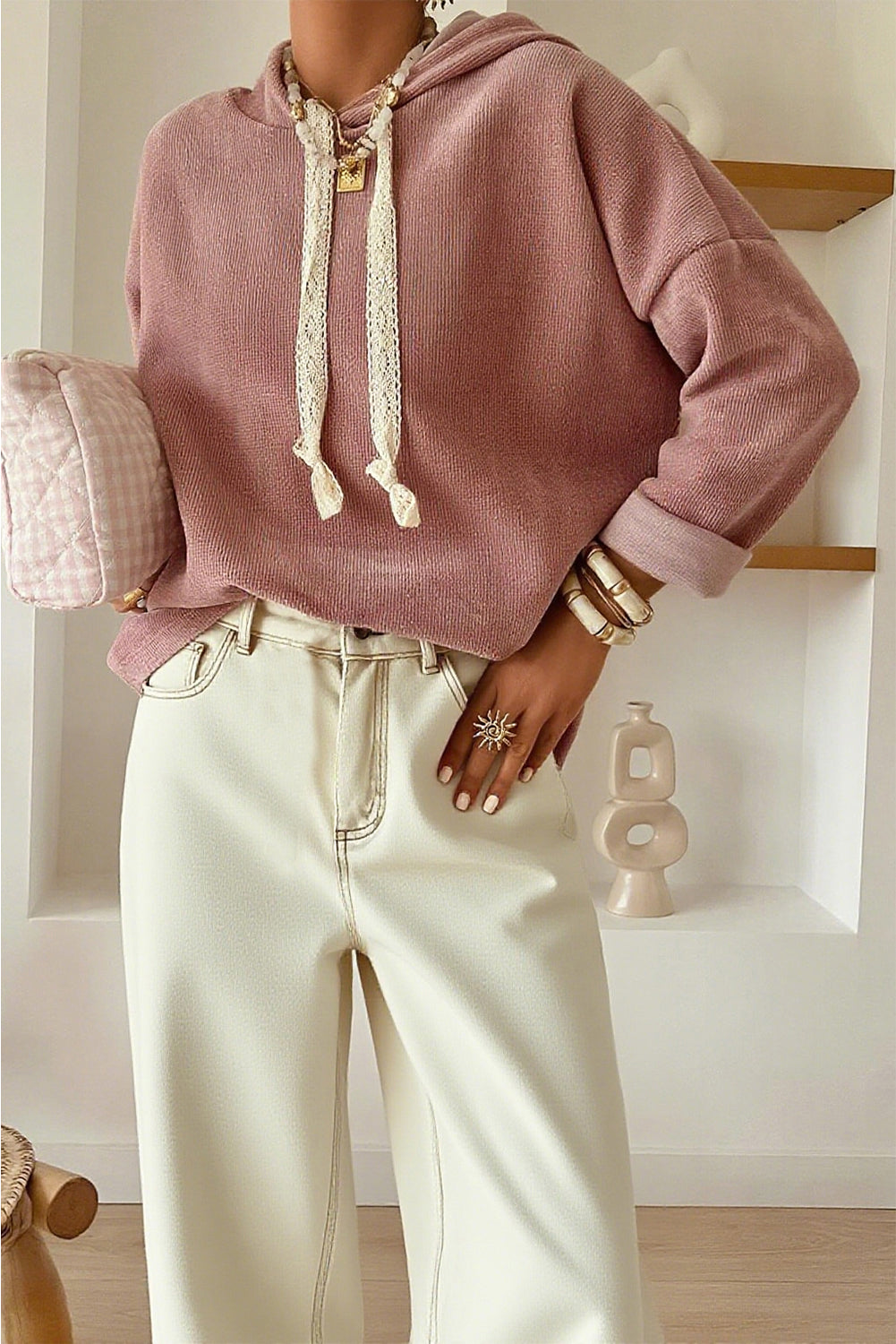 Gray Morn Corduroy Leopard Drawstring High Waist Trousers