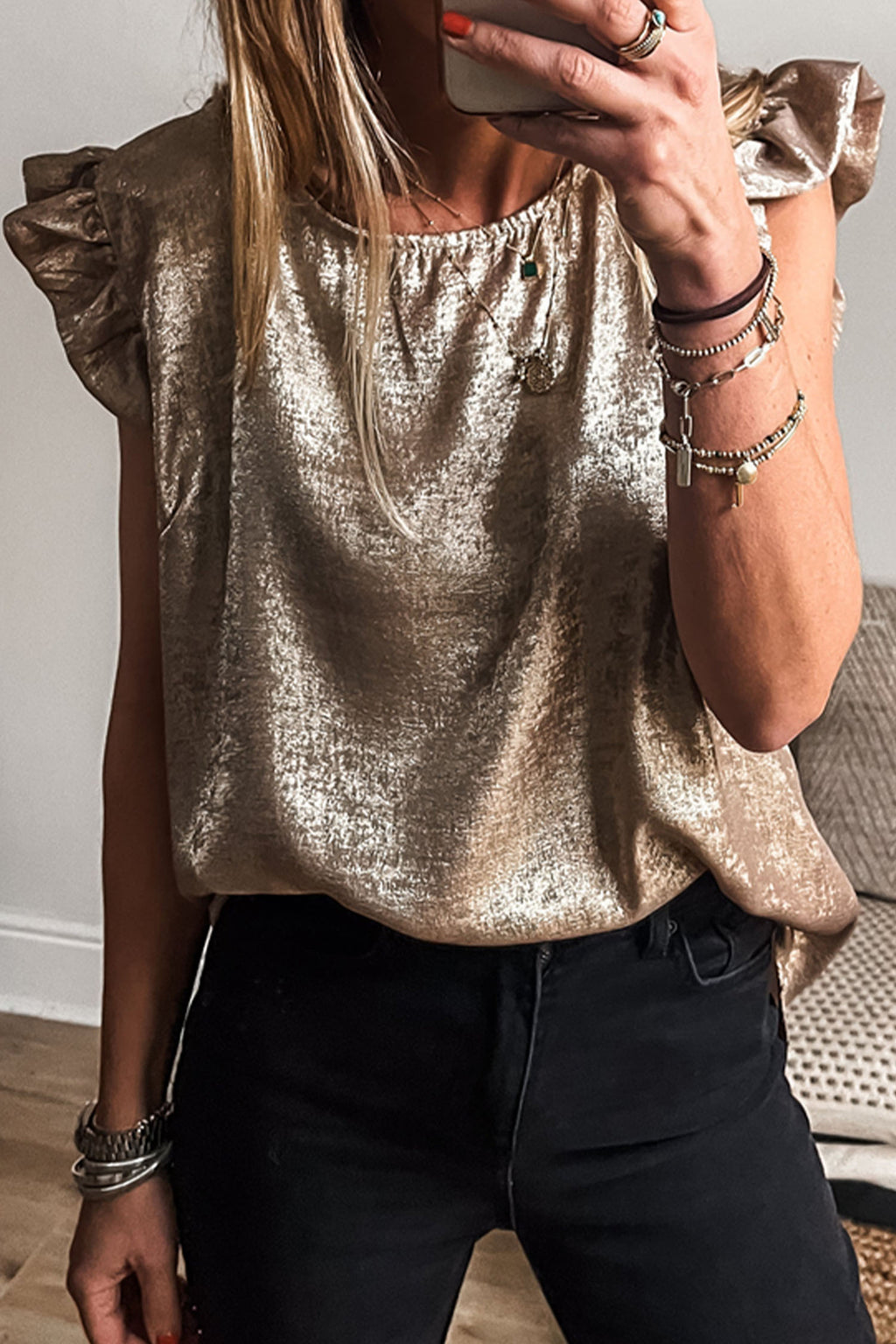 Apricot Metallic Round Neck Smocked Long Sleeve Blouse