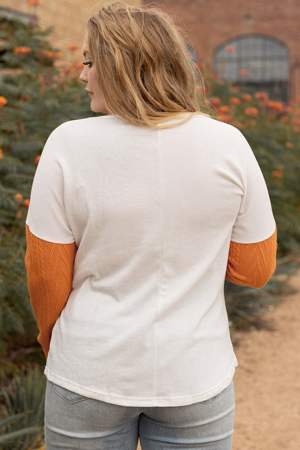 Orange Long Sleeve Colorblock Chest Pocket Textured Knit Top