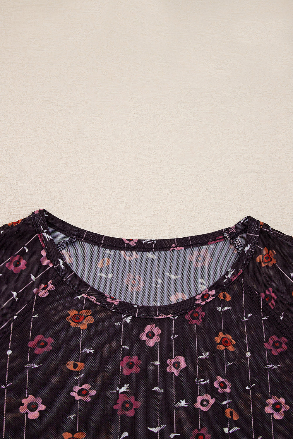 Dear Lover Black Floral Print Smocked Cuff Slim Fit Mesh Bodysuit