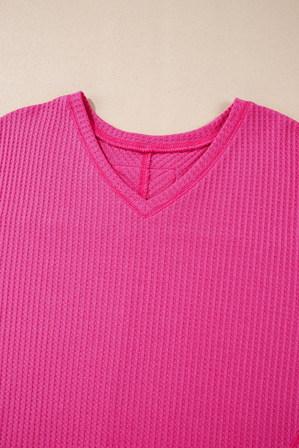 Light Pink Waffle V Neck Long Sleeve Drop Shoulder Loose Blouse