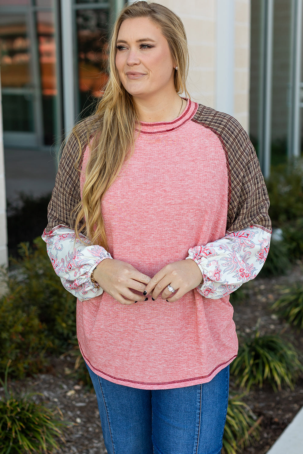 Fushia Mixed Print Raglan Sleeve Ribbed Knit Patchwork Blouse